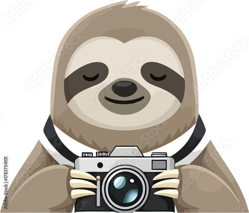 Cute Sloth Photographer Holding a Vintage Camera.