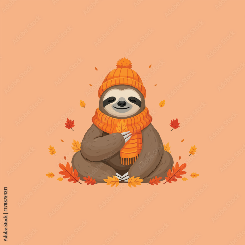 Naklejka premium Cute sloth wearing a hat and scarf surrounded by autumn leaves.