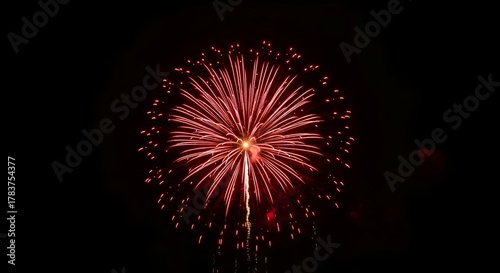 A single red firework exploding against a dark sky, captured in cinematic slow motion