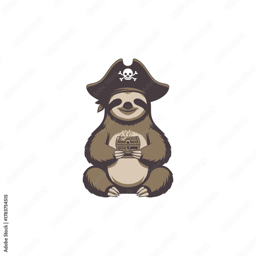 Naklejka premium Pirate sloth with a hat holding a treasure chest smiling happily.