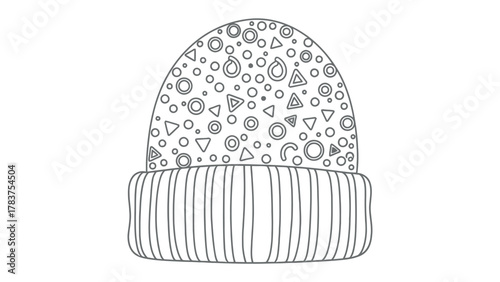 Stylish Winter Hat: A minimalist illustration of a knitted winter hat. A cozy accessory with a ribbed brim and a patterned crown, perfect for staying warm during the cold season. 
