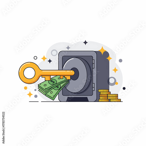 Secure Financial Investment and Savings Concept with Key, Cash, and Safe