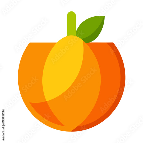Flat design orange fruit with green stem and leaf isolated graphic