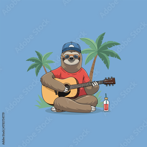 Sloth Musician - A Relaxed Performance with Guitar and Drink.
