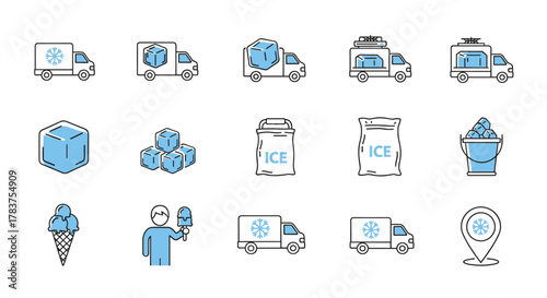 Collection of minimalistic vector icons and pictograms representing ice cubes, ice cream, ice delivery trucks, bags of ice, and a bucket of ice, suitable for web, graphic design, apps, banners