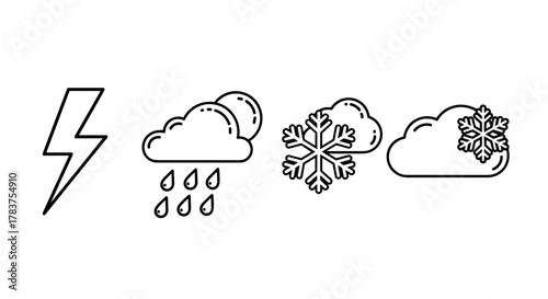 Collection of simple line icons representing weather phenomena: a lightning bolt, a cloud with raindrops, a cloud with a snowflake, and a cloud with a larger snowflake. These minimalist vector