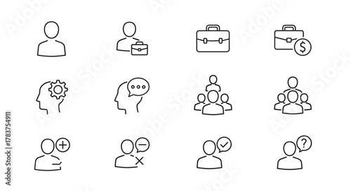 Minimalistic thin line icons set for web and graphic design, apps, banners, social networks, and cards, featuring user profiles, briefcases, money, gears, speech bubbles, team groups, add/remove