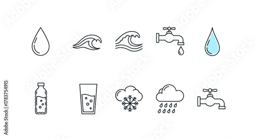 Collection of water-related icons in a clean, linear pictogram style, featuring a water drop, ocean waves, a faucet with dripping water, a water bottle, a glass of water, a snowflake within a cloud