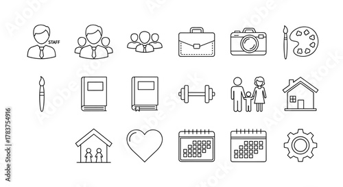 Diverse set of outline icons representing staff, team, briefcase, camera, art palette, paintbrush, books, dumbbell, family, house, heart, calendar, and gear, perfect for graphic design, web, and