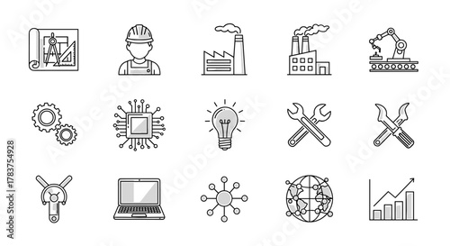 Modern thin line editable icons set for engineering and technology, including blueprint, engineer, factory, robot arm, gears, CPU, light bulb, wrenches, laptop, network, and growth chart