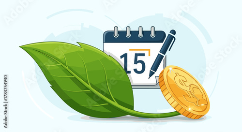 Vibrant green leaf symbolizing growth and sustainability, paired with a calendar marking the 15th day for scheduling and planning, alongside a gleaming gold dollar coin representing financial matters