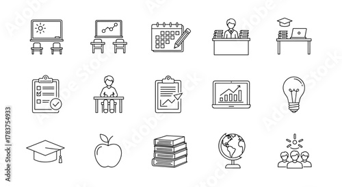 A comprehensive set of thin line icons representing various aspects of education and learning, including classroom scenes, lesson planning tools, student assessments, educational technology, and