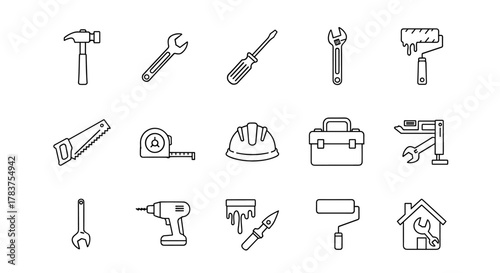 Collection of thin line web icons representing construction and home repair tools, including a hammer, wrenches, screwdriver, paint roller, saw, tape measure, hard hat, toolbox, drill, knife, and