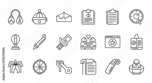 A comprehensive set of science-themed line icons, featuring elements from biology, astronomy, and physics, along with laboratory equipment, scientific tests, and research tools, presented as a