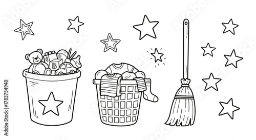 Hand-drawn doodle set of kids cleaning icons, featuring a toy bin overflowing with teddy bears and blocks, a laundry basket filled with clothes and socks, a broom, and scattered stars, perfect for
