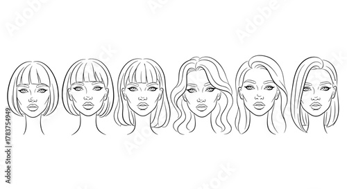 A striking line art illustration featuring a collection of diverse female faces, each with a unique hairstyle and distinct facial features, presented as a vector cartoon on a clean white background