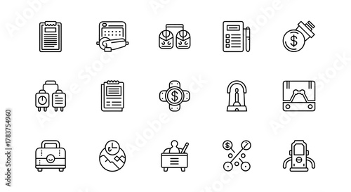 Collection of minimalist line icons representing legal concepts, including a clipboard with a document, a calendar with a rolling pin, scales of justice, a document with a pen, a money bag, luggage