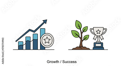 Vibrant vector illustration depicting the concept of growth and success through teamwork and achievement, featuring an upward trending bar graph with a star icon and a thriving sapling next to a