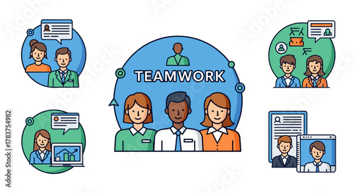 Vibrant cartoon illustration depicting successful teamwork and collaboration in a business setting, showcasing diverse professionals achieving company goals with efficiency and clear communication