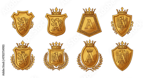 Collection of eight ornate golden heraldic crests and emblems, each featuring the monogram letter 'A' and crowned with royal crowns, showcasing diverse designs with lions, eagles, and laurel wreaths