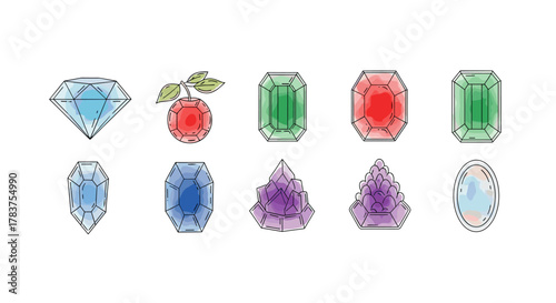 Vibrant watercolor gemstone logo design vector cartoon illustration set on a clean white background, featuring a diamond, ruby, emerald, sapphire, amethyst, and other precious stones, perfect for