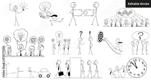 Set of stick figure business cartoons. Vector collection of stickman characters showing teamwork, idea, and deadline. Editable stroke.