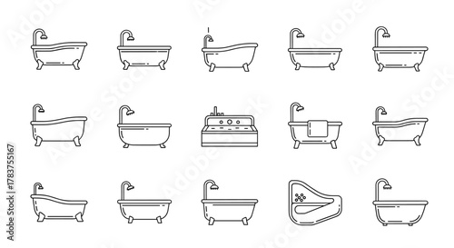 Collection of simple linear outline bathtub icons, editable stroke, suitable for web sites, books, cards, apps, vector cartoon illustration with a white background, representing various bathtub