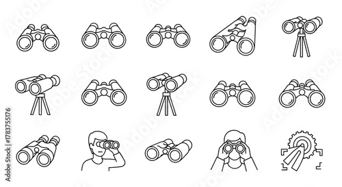 Collection of Binocular Line Icons: A comprehensive bundle of outline signs for graphic and web design, apps, advertisements, and various cards, presented as vector cartoon illustrations on a clean
