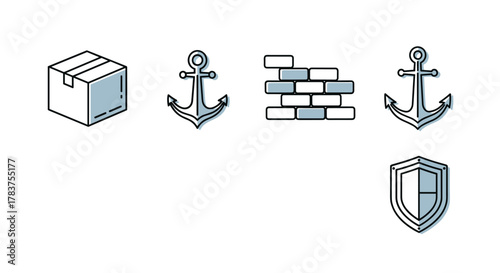 Modern outline style icons featuring a shipping box, two anchors, a brick wall, and a shield, presented on a clean white background, perfect for graphic design, app interfaces, social media, and