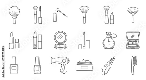 A comprehensive collection of clean, minimalist line art icons representing various beauty and cosmetic products, perfect for graphic design, web development, and advertising. This bundle includes