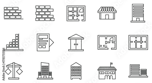 A collection of thin line icons representing various architectural elements and building types, including brick walls, floor plans, shops, skyscrapers, and construction cranes, perfect for graphic