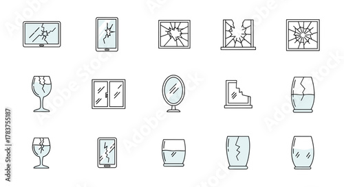 Set of minimalistic thin line icons representing broken glass objects, including screens, windows, mirrors, and drinking glasses, suitable for web, graphic design, apps, banners, social networks, and