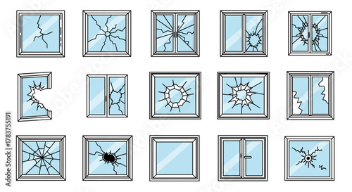 Collection of vector illustrations depicting various types of broken windows, featuring shattered glass patterns, cracks, and missing sections, presented in a clean outline linear style on a white