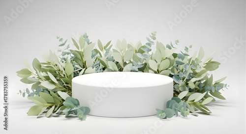 Botanical Cosmetic Display on Stone Podium with Vases and Sunlight