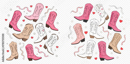 Two circular arrangements of stylish cowboy boots in pink, white, and tan colors, adorned with hearts and decorative ribbons.