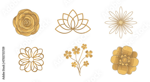 Set of six elegant gold floral icons and logos on a clean white background, featuring a rose, lotus, daisy, abstract geometric flower, small blossoms on a stem, and a layered bloom, perfect for