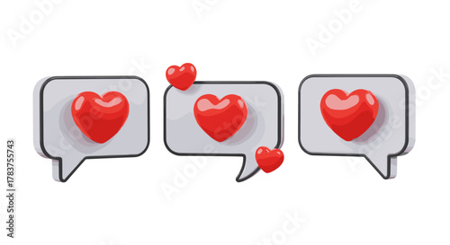 Set of three 3D rendered chat bubbles, each containing a vibrant red heart shape, symbolizing love, affection, and positive communication, isolated on a clean white background for versatile design
