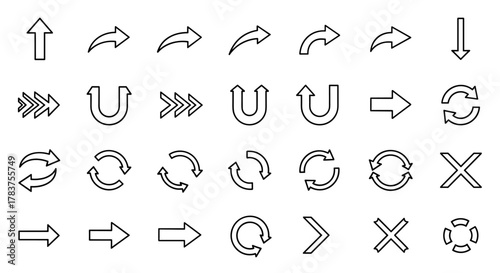 Collection of outline arrow icons, including directional arrows, curved arrows, U-turn arrows, refresh symbols, and cross marks, presented on a white background. This versatile vector graphic set is