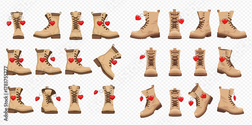 Collection of beige combat boots with red hearts, shown from various angles on a transparent background, symbolizing love and appreciation.