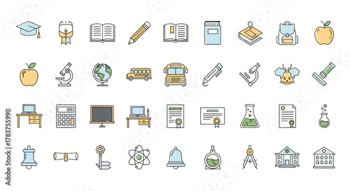 Vibrant and Versatile School and College Thin Line Icon Set: A Comprehensive Collection of Educational Symbols for Banners, Cards, Social Networks, and Apps, Featuring Editable Strokes and Cartoon