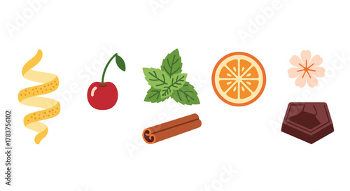 Vibrant and playful flat design icons representing common liqueur garnishes, including a lemon twist, ripe cherry, fresh mint leaf, juicy orange slice, delicate edible flower, aromatic cinnamon