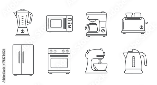 A clean and modern outline icon set representing essential kitchen appliances for home cooking and food preparation, including a blender, microwave, toaster, coffee maker, refrigerator, oven, stand