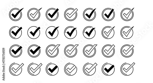 Collection of black check mark icons isolated on a white background, featuring a variety of styles including filled checkmarks within circles and outlined checkmarks, representing approval