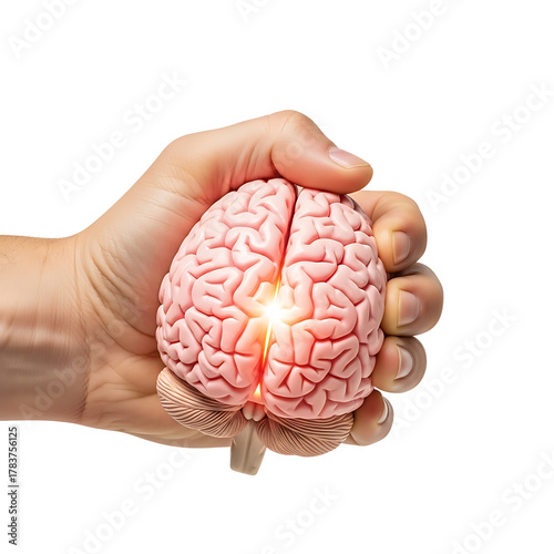 Human hand squeezing a brain model with glowing effect  