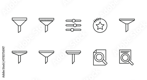 Set of black line art filter icons and search icons on a white background, representing data filtering, sorting, and analysis tools for digital interfaces and applications, with a star icon for
