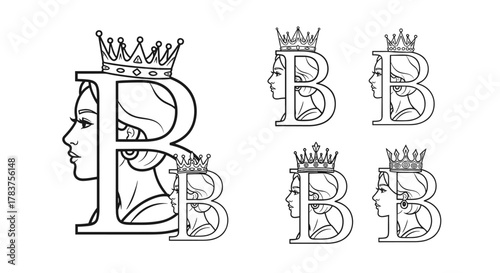 Monogram Letter B Silhouette of Queen with Crown, Vector Cartoon Illustration, Elegant Female Profile with Royal Headwear, Set of Stylized Icons, Clean Line Art, Isolated on White Background