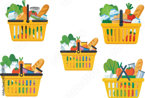 yellow grocery basket full of fresh vegetables milk bread cans healthy food shopping concept flat design vector illustration isolated