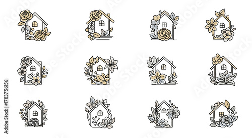 Set of 12 elegant line art house logos adorned with delicate flowers and leaves, presented on a clean white background, perfect for branding and design projects, vector illustration.