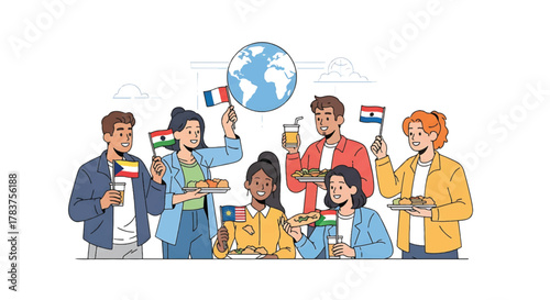 Diverse group enjoys international cuisine and flags together