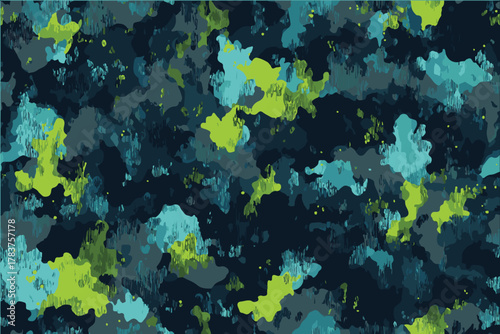 Seamless pattern of camouflage in teal and lime green, perfect for military or survival-themed designs.seamless texture, military camouflage pattern, Army or hunting minty green clothes.